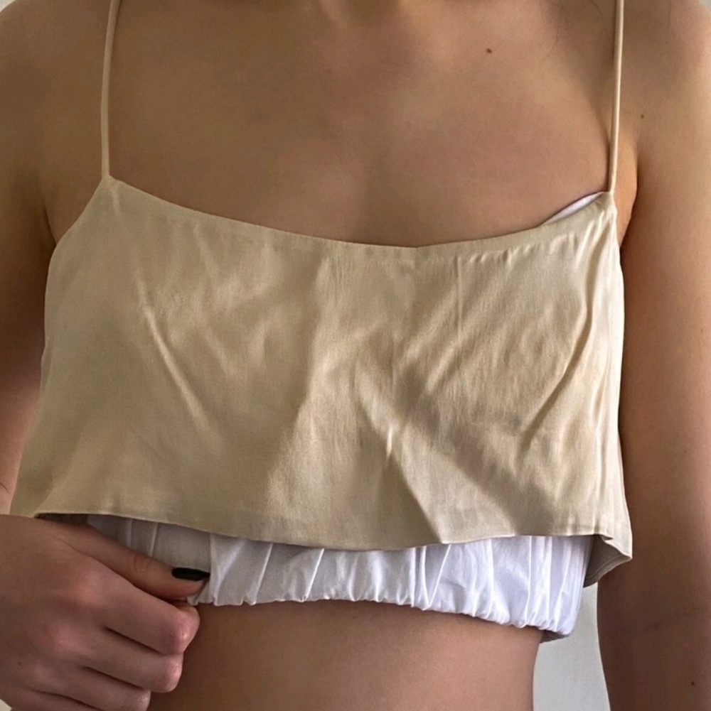 NWT Zara Womens Satin Effect Beige & White Spaghetti Strap Crop Bandeau Size L